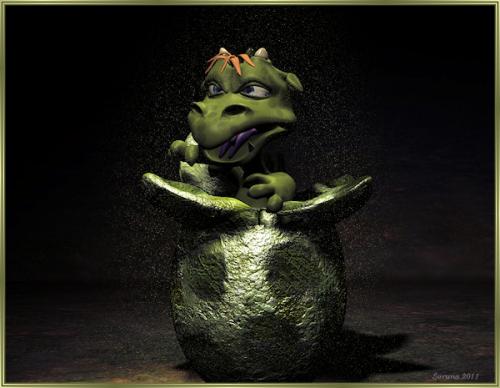 Alien-Ei mit kleinem Drachenmonster am Schl&uuml;pfen